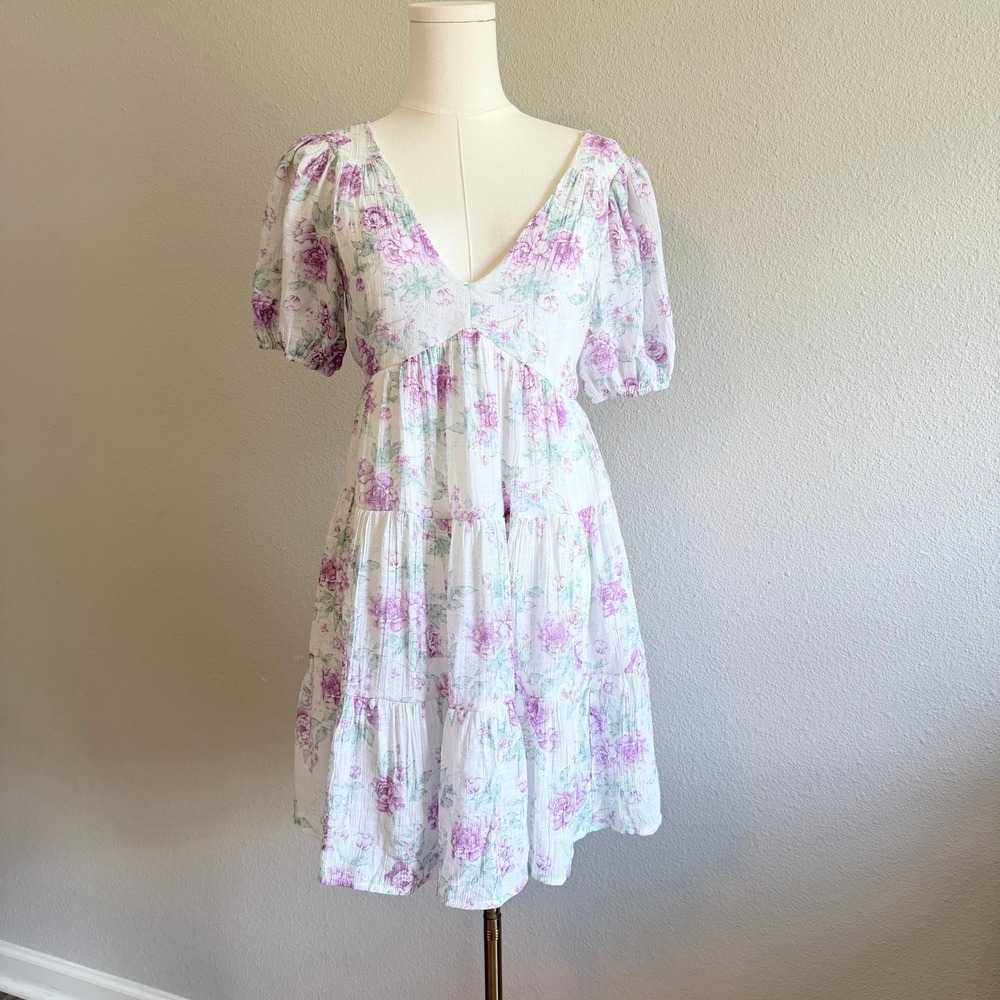 Altar'd State Siena Floral Puff Sleeve‎ Cut Out Back Mini Dress XS Romantic Boho